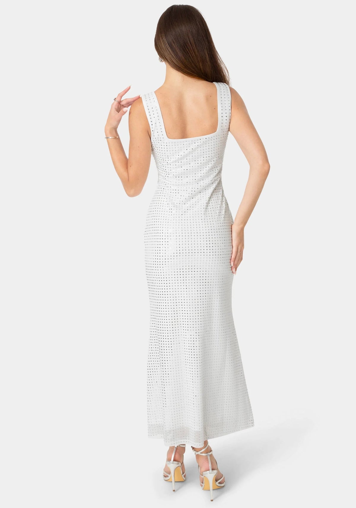 Bebe Square Neck Hotfix Mesh Maxi Dress