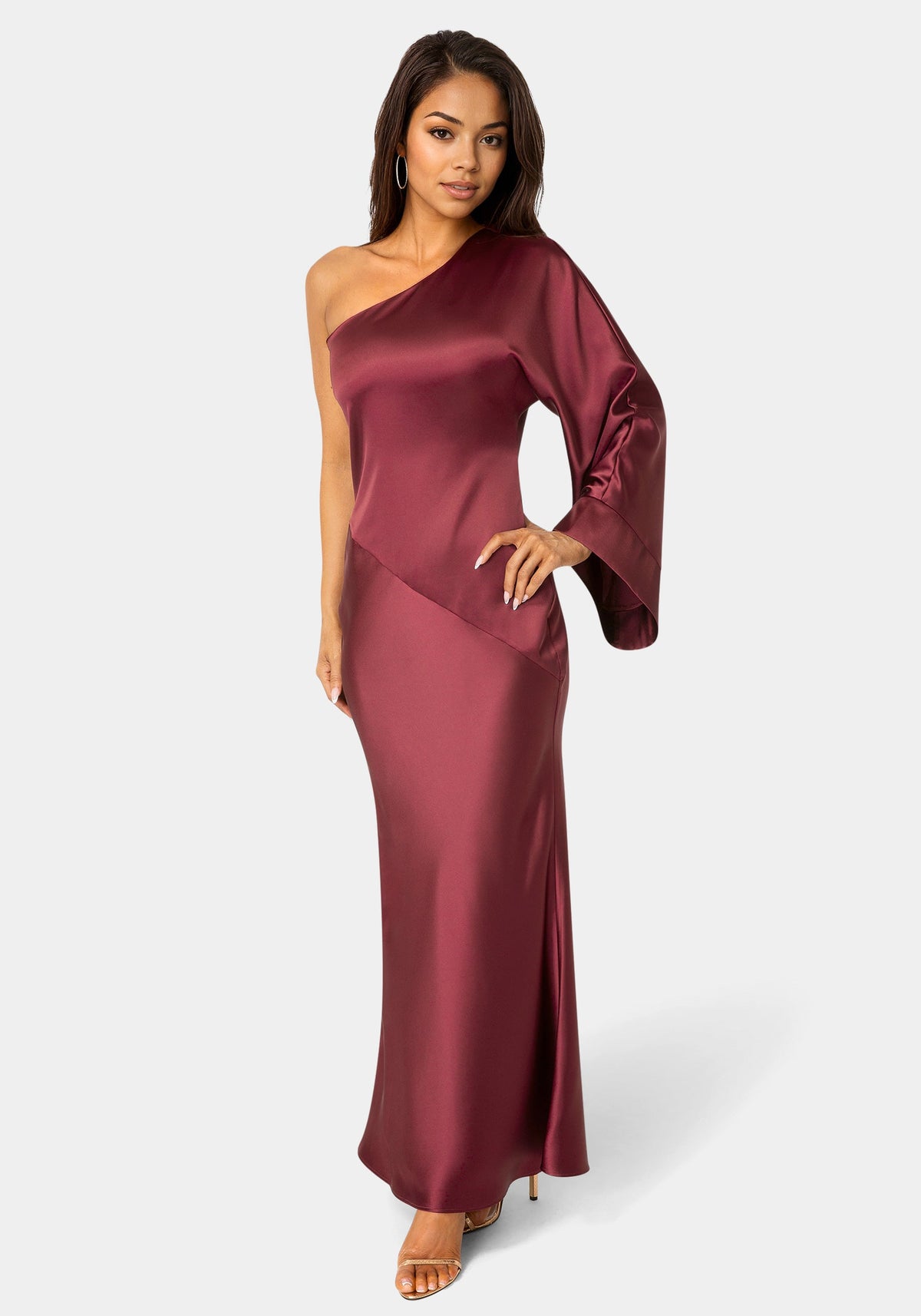 Bebe One-Shoulder Bell Sleeve Satin Maxi Dress