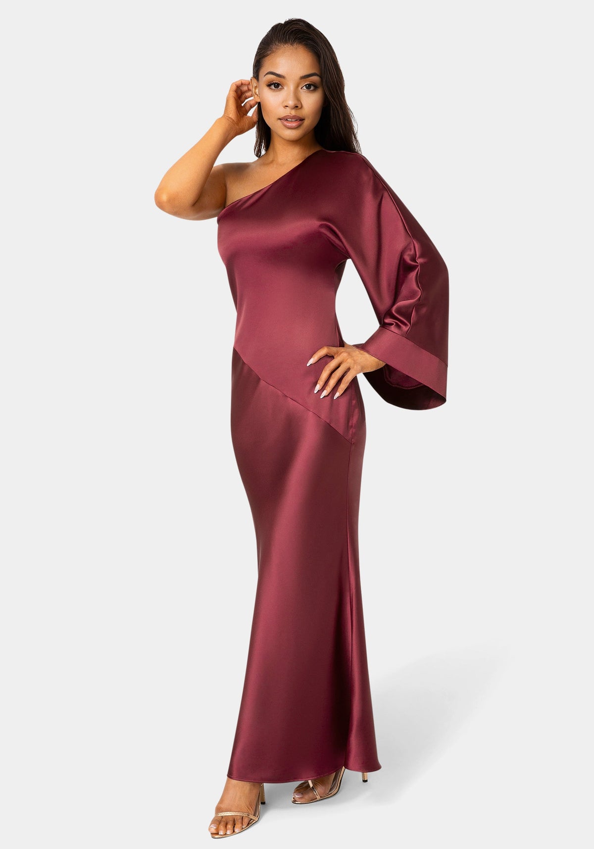 Bebe One-Shoulder Bell Sleeve Satin Maxi Dress