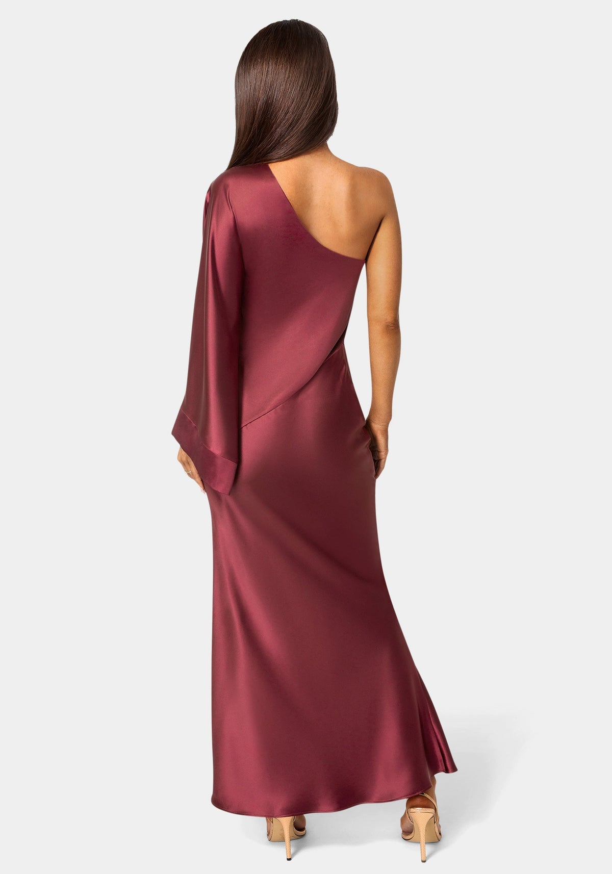 Bebe One-Shoulder Bell Sleeve Satin Maxi Dress