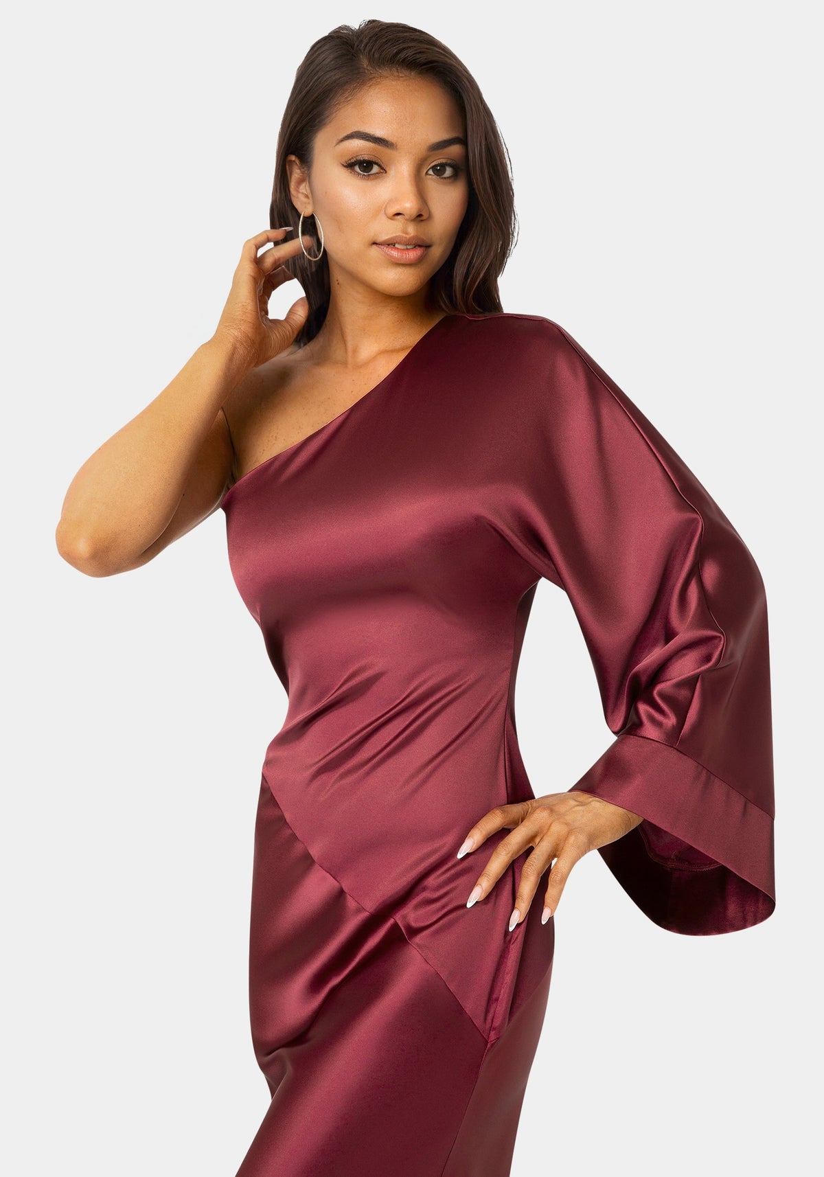 Bebe One-Shoulder Bell Sleeve Satin Maxi Dress