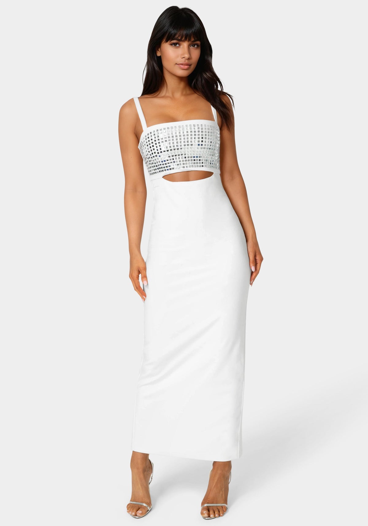 Bebe Embellished Strapless Column Maxi Dress