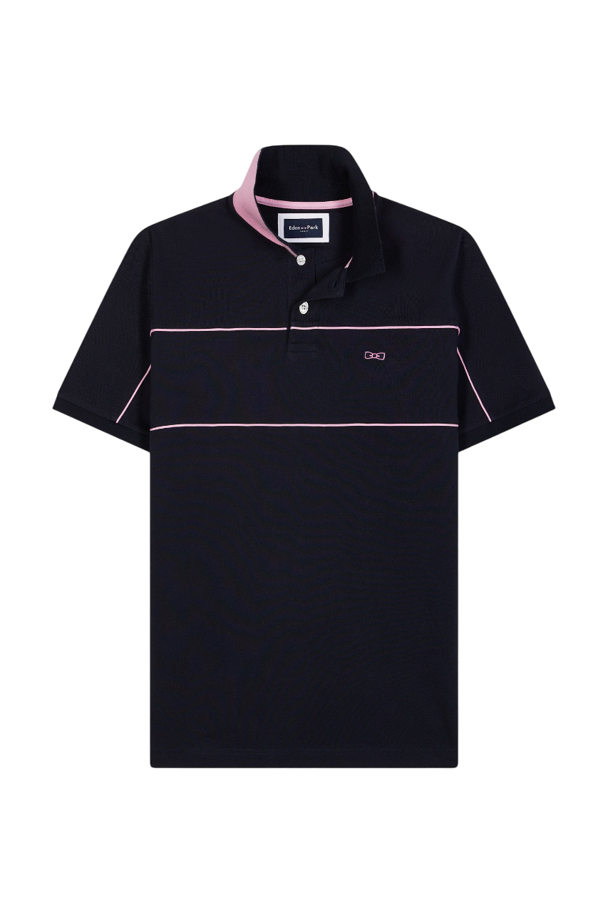 Eden Park Short-Sleeved Polo Shirt In Navy Cotton With Piped Cutouts, Straight Cut