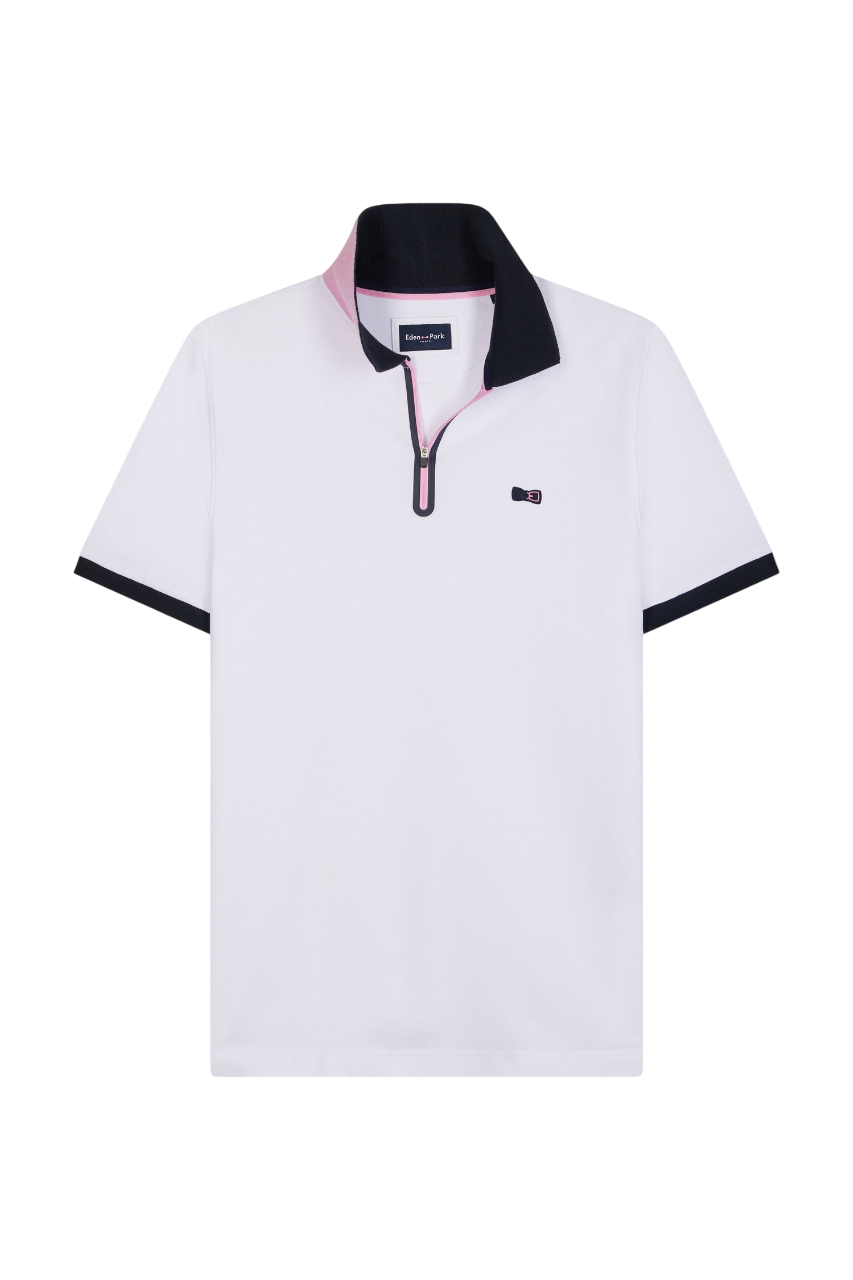 Eden Park Stretch Cotton Short-Sleeved Zip-Up Polo Shirt, Slim Fit