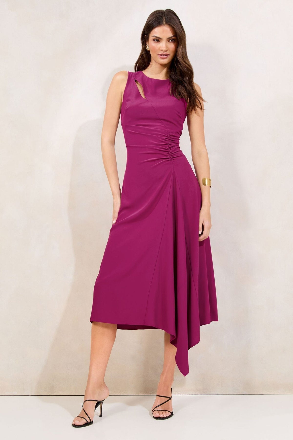Lipsy London Lipsy Pink Sleeveless Ruched Front Asymmetrical Midi Dress