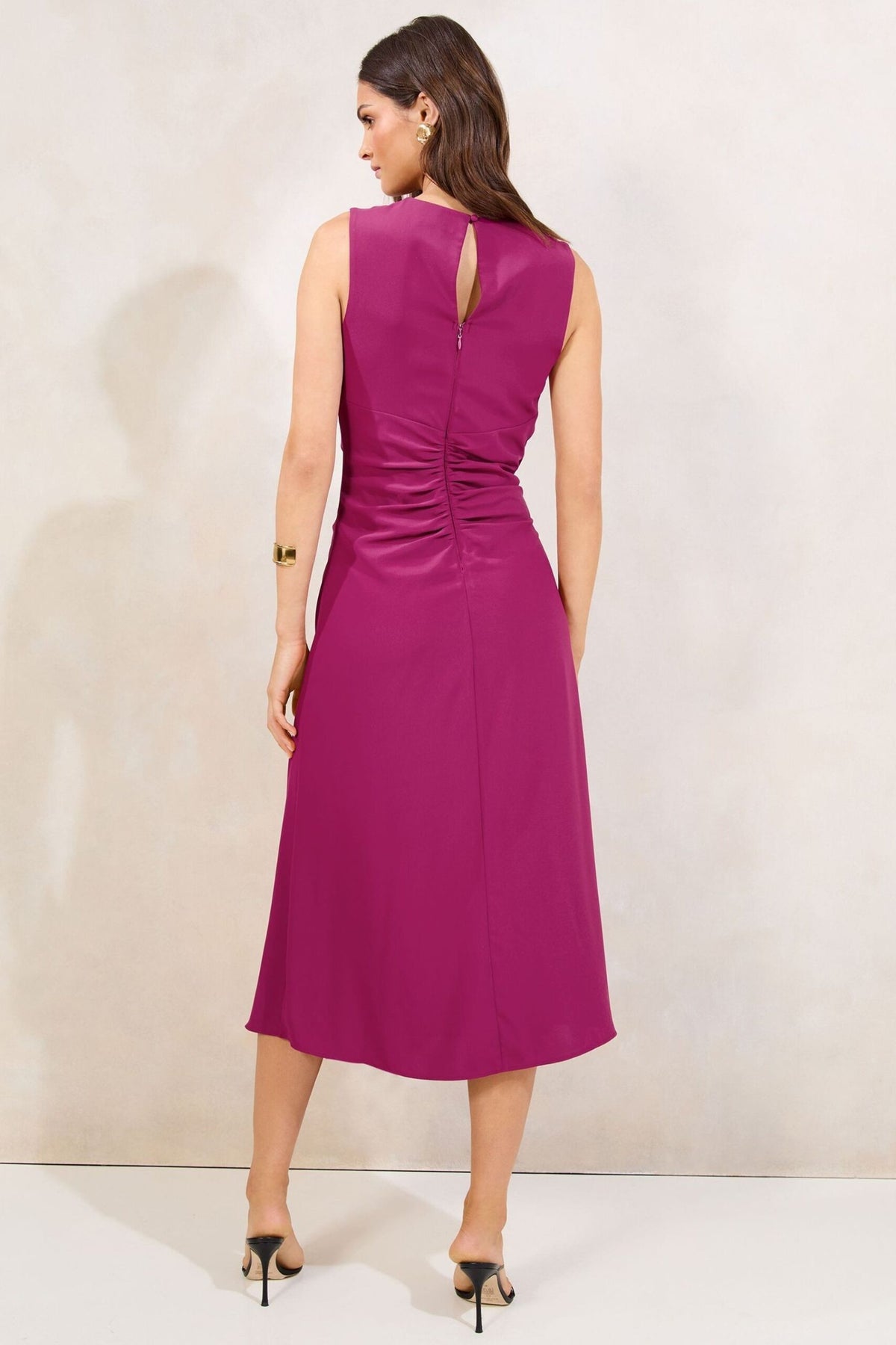Lipsy London Lipsy Pink Sleeveless Ruched Front Asymmetrical Midi Dress
