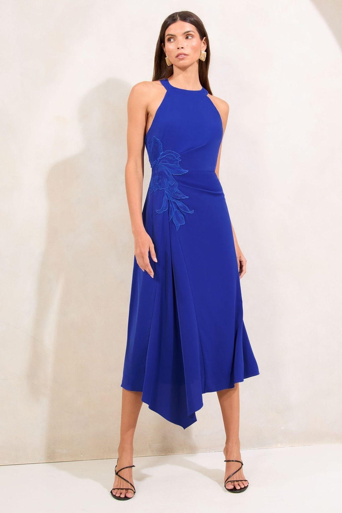 Lipsy London Lipsy Cobalt Blue Applique Flower Trim Fit And Flare Midi Dress