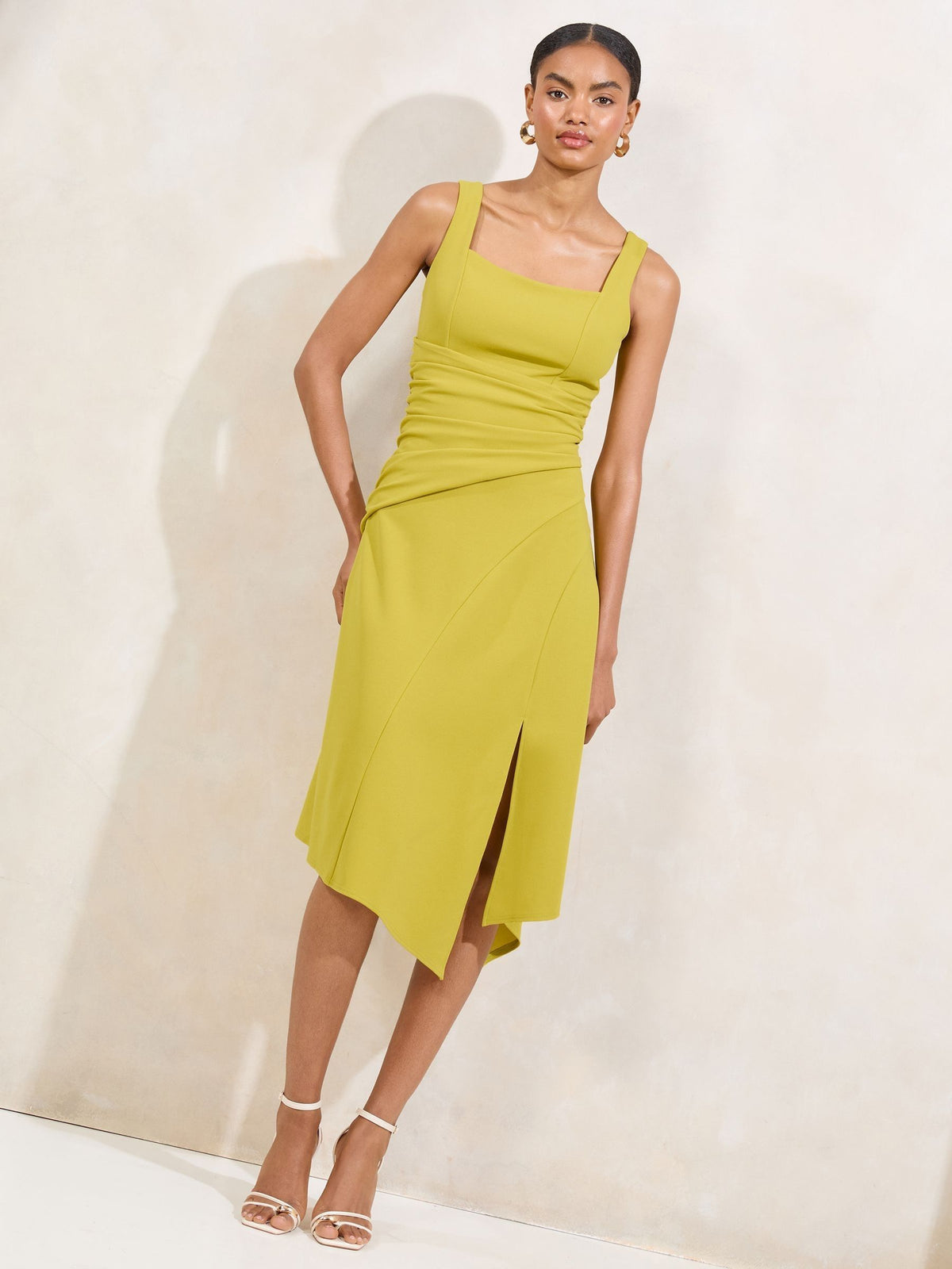 Lipsy Olive Green Square Neck Strappy Ruched Fit And Flare Midi Dress