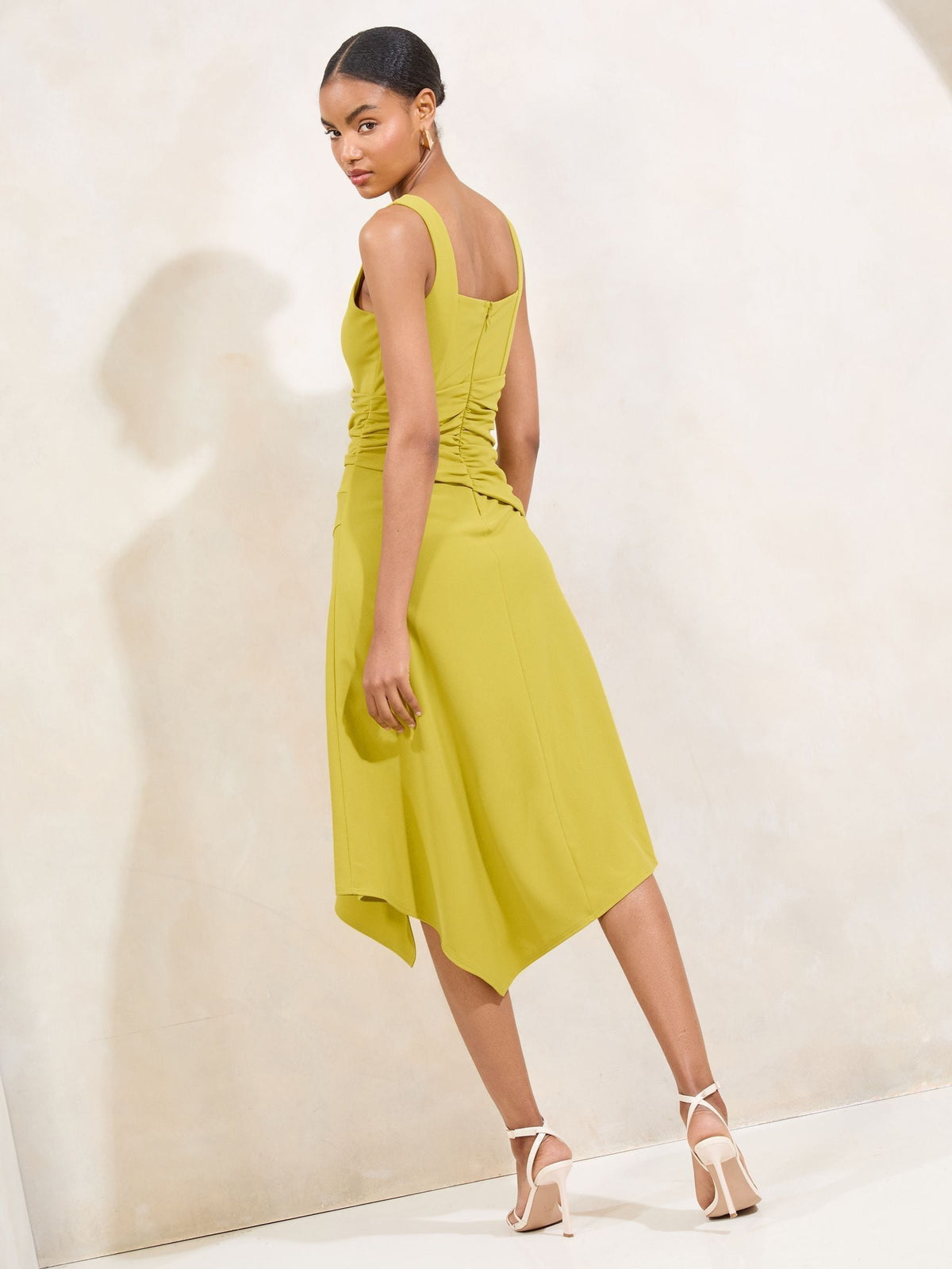 Lipsy Olive Green Square Neck Strappy Ruched Fit And Flare Midi Dress