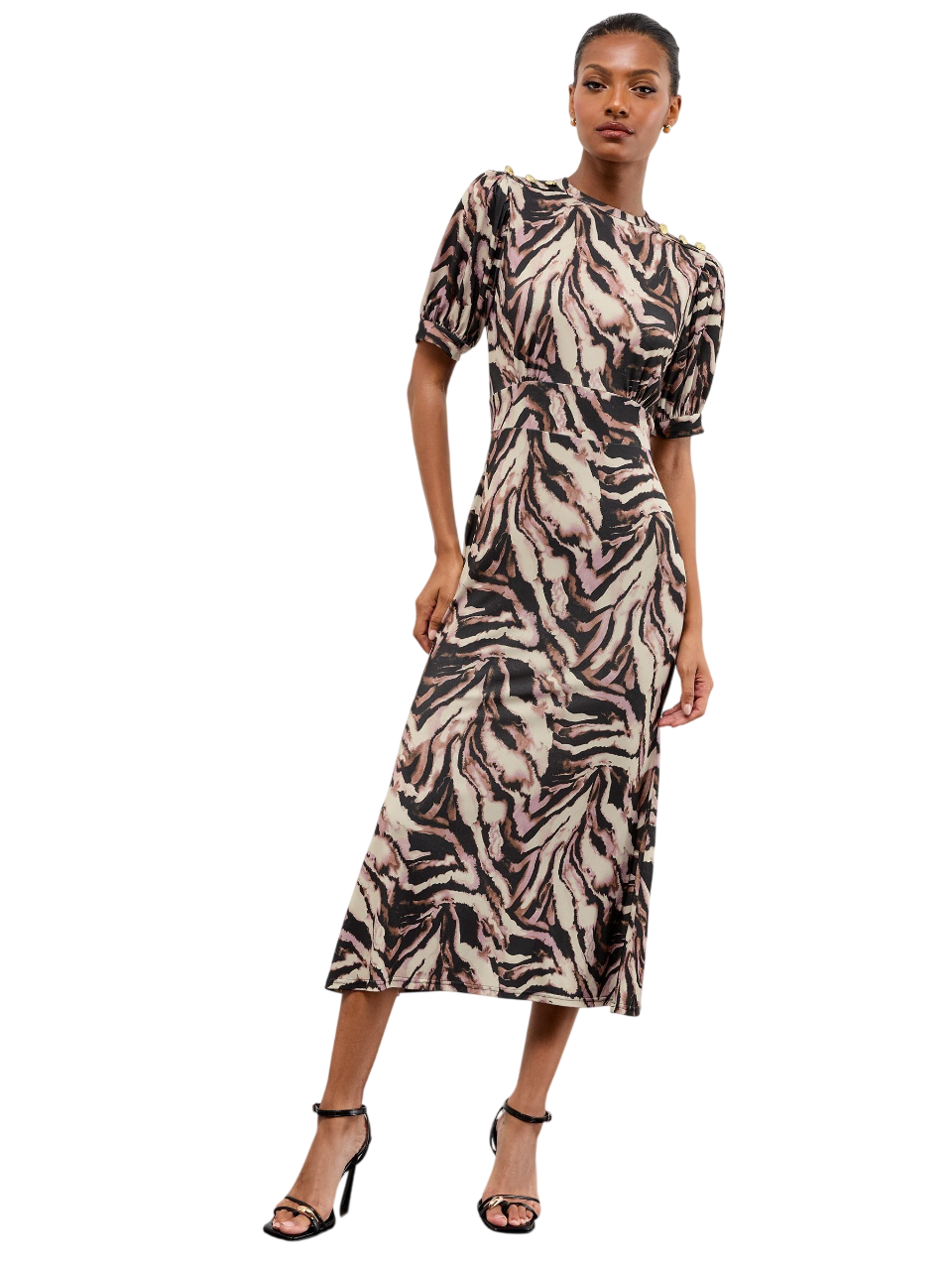 Lipsy London Lipsy Neutral Animal Print Military Button Short Sleeve Midi Jersey Dress