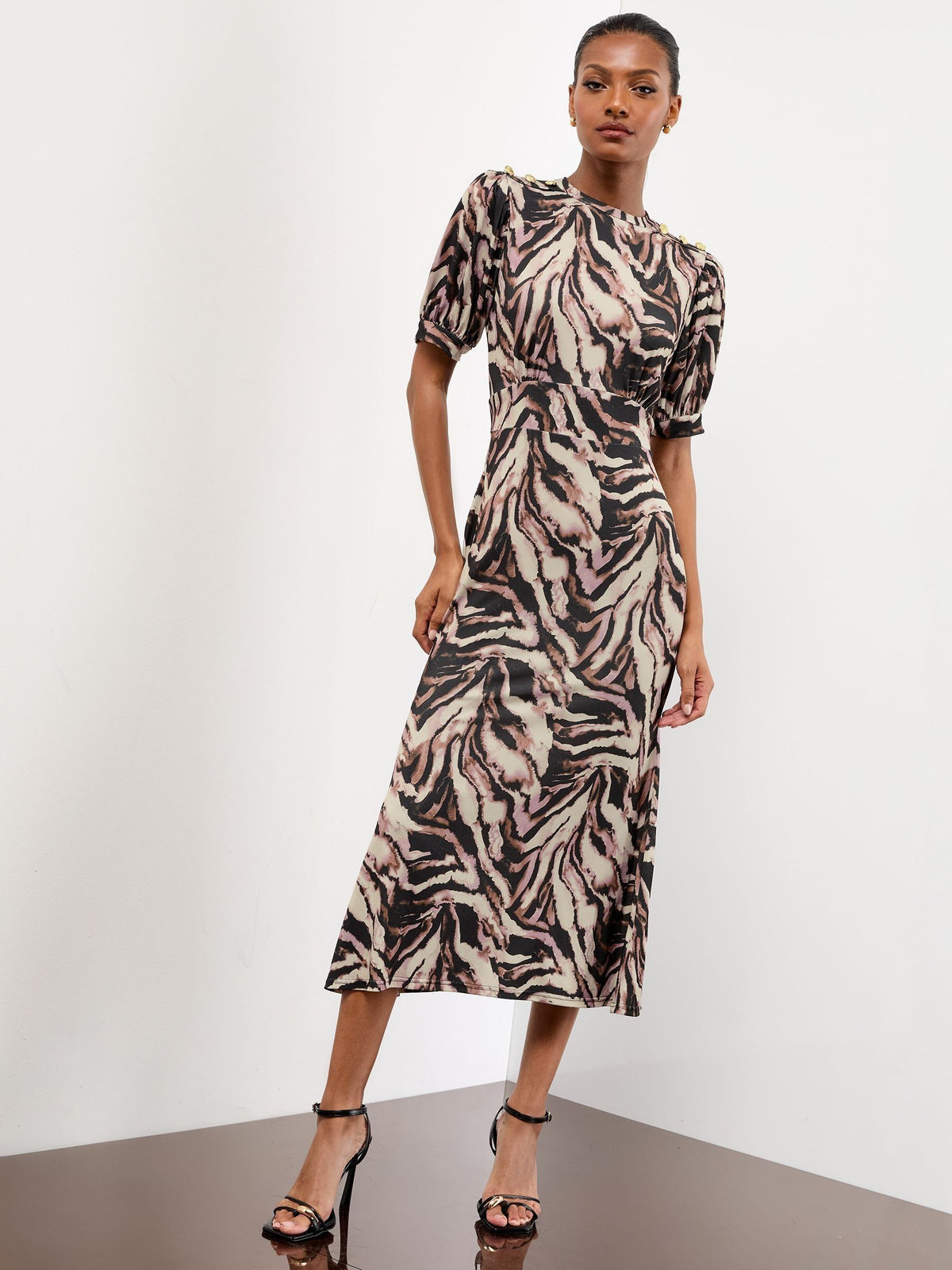Lipsy London Lipsy Neutral Animal Print Military Button Short Sleeve Midi Jersey Dress