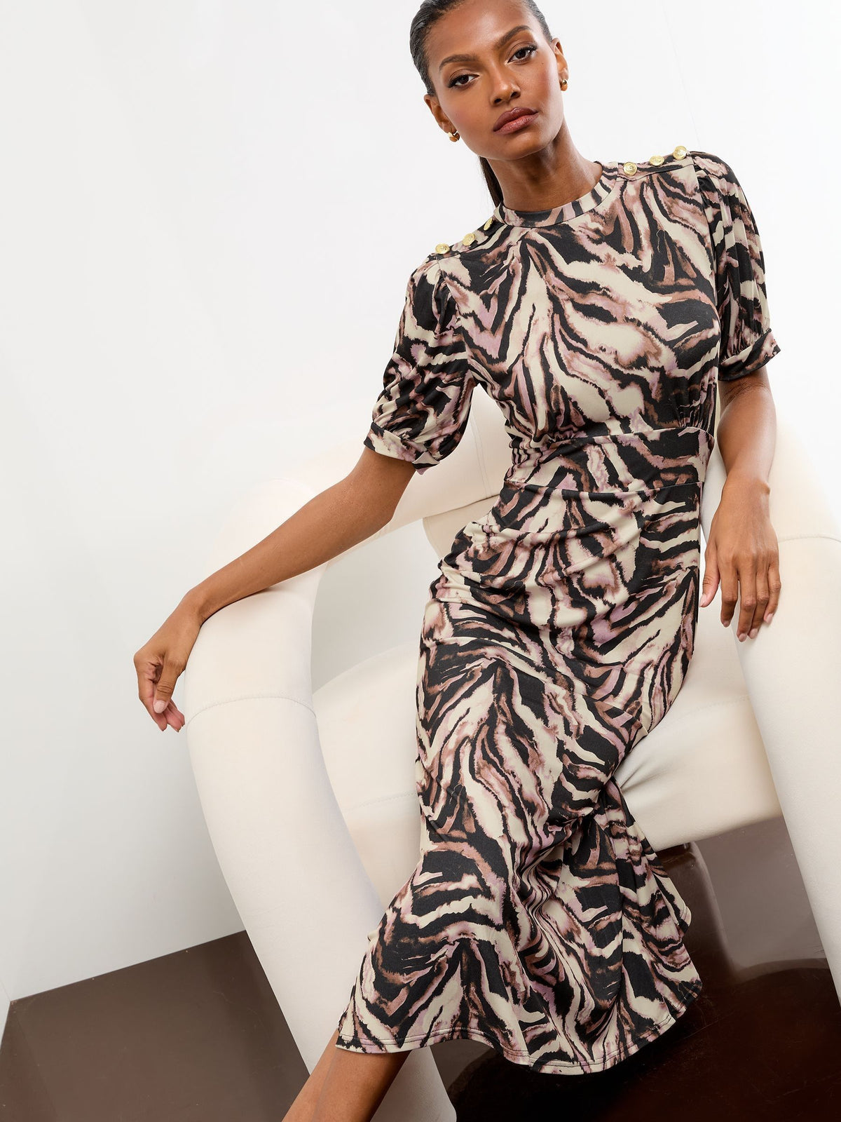 Lipsy London Lipsy Neutral Animal Print Military Button Short Sleeve Midi Jersey Dress