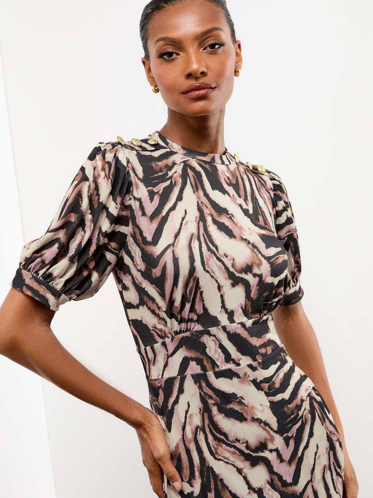 Lipsy London Lipsy Neutral Animal Print Military Button Short Sleeve Midi Jersey Dress