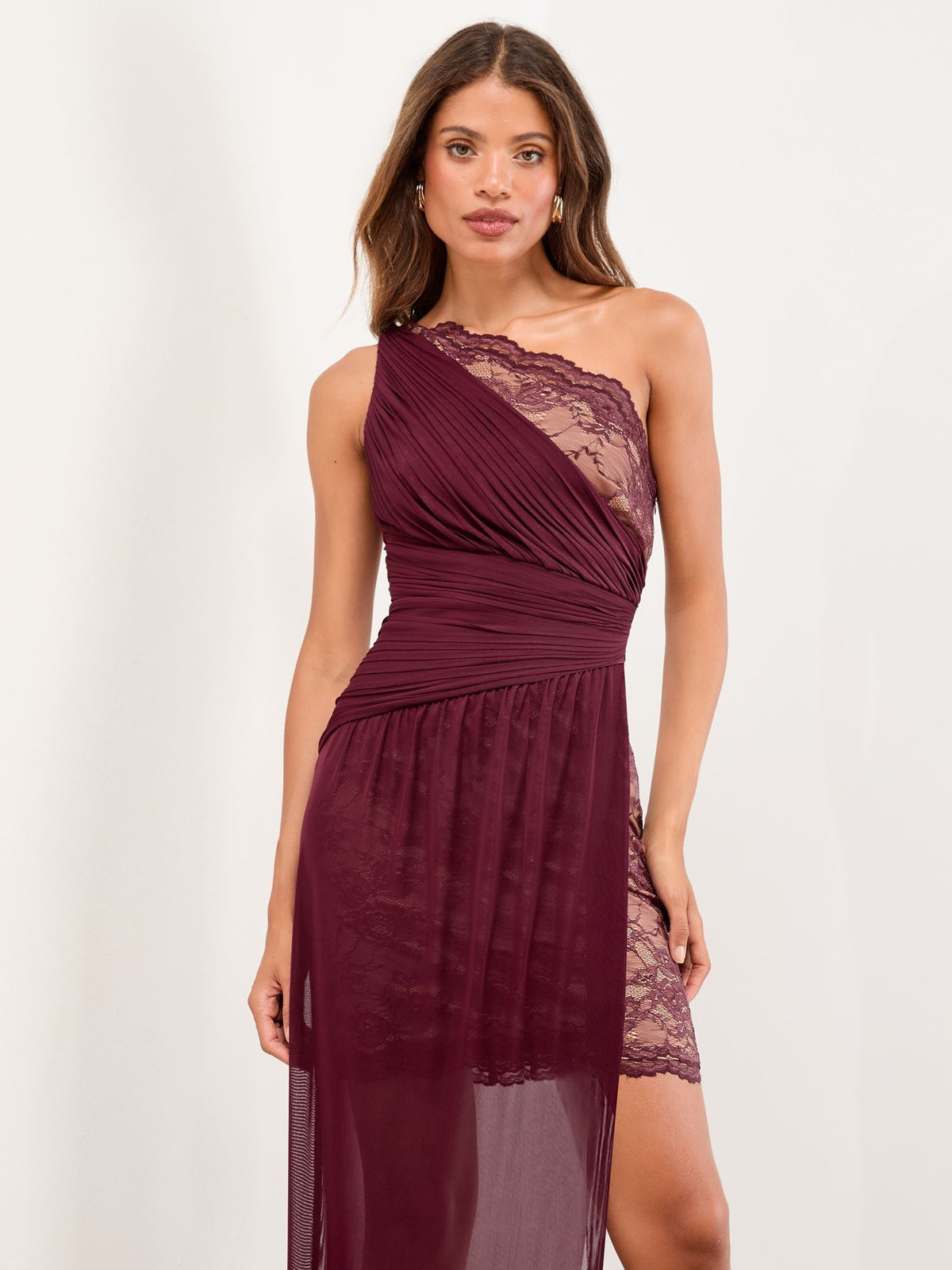 Lipsy Burgundy Red One Shoulder Lace Mesh Mix Maxi Dress