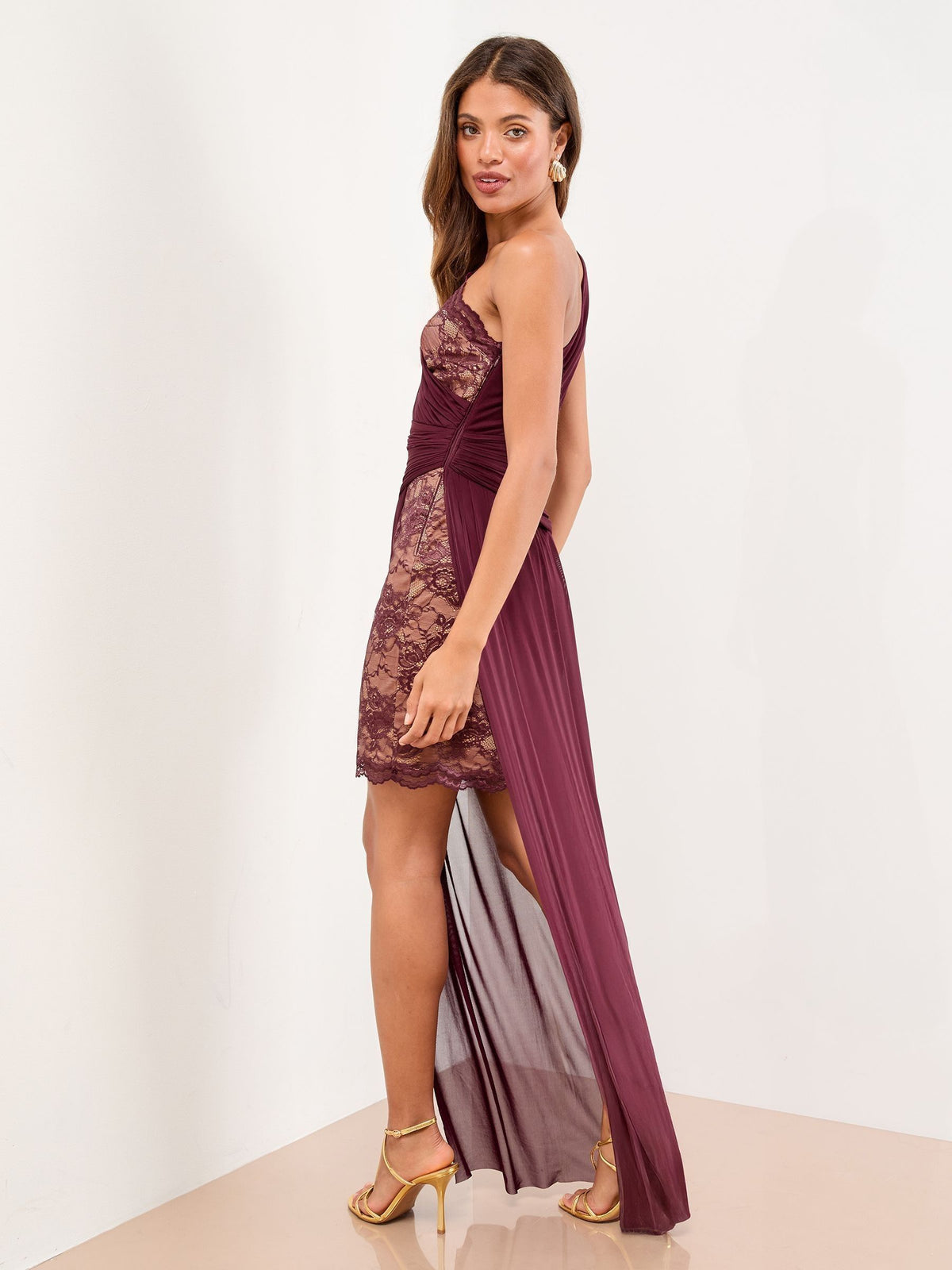 Lipsy Burgundy Red One Shoulder Lace Mesh Mix Maxi Dress