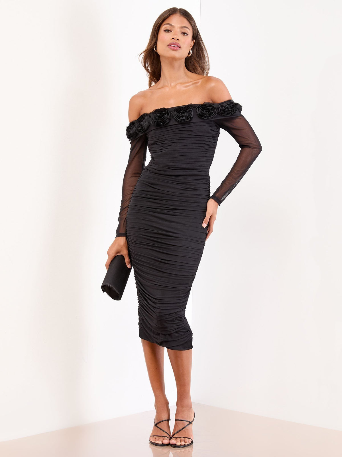 Lipsy Black Flower 3D Trim Bardot Long Sleeve Mesh Bodycon Midi Dress