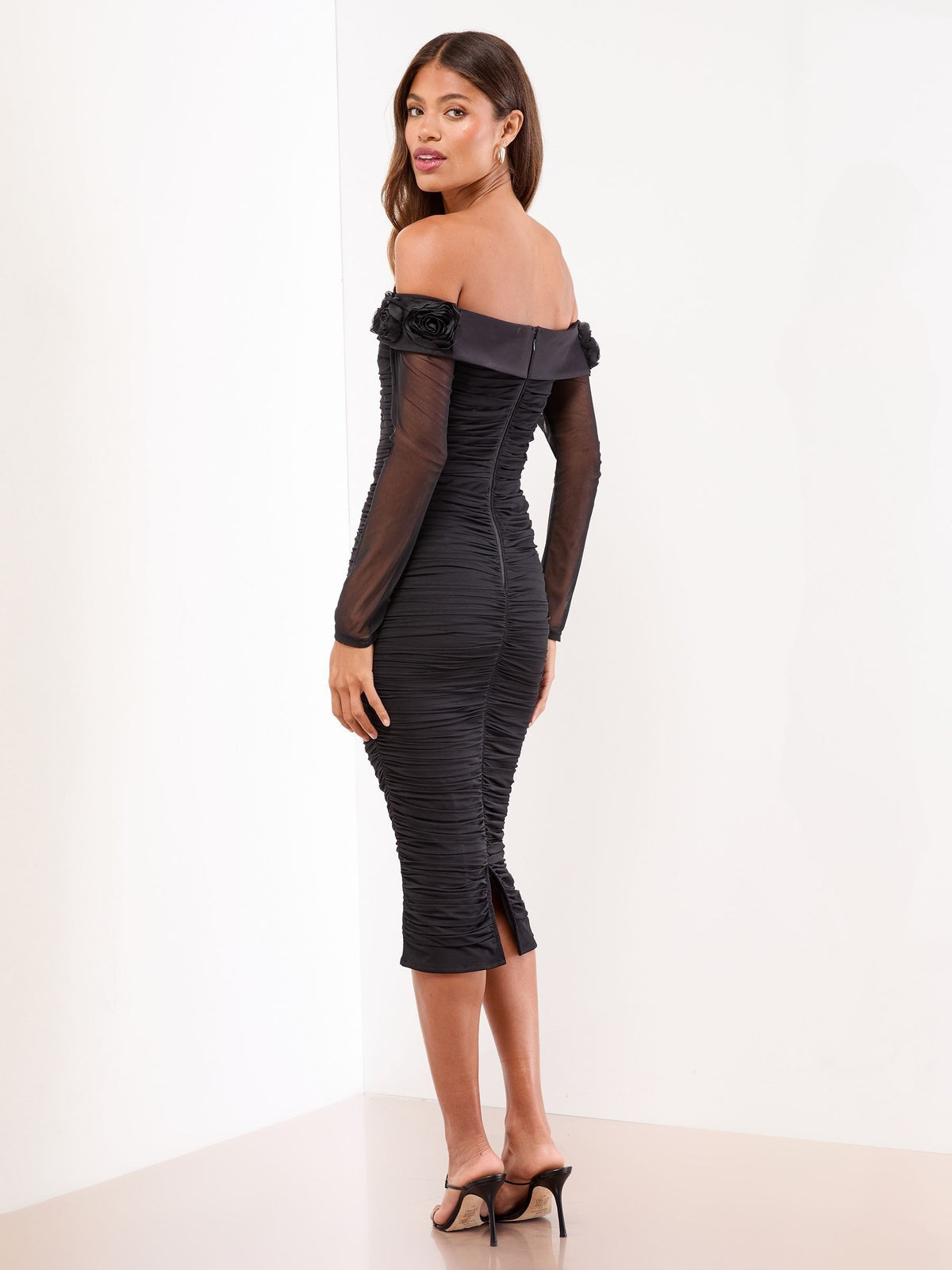 Lipsy Black Flower 3D Trim Bardot Long Sleeve Mesh Bodycon Midi Dress