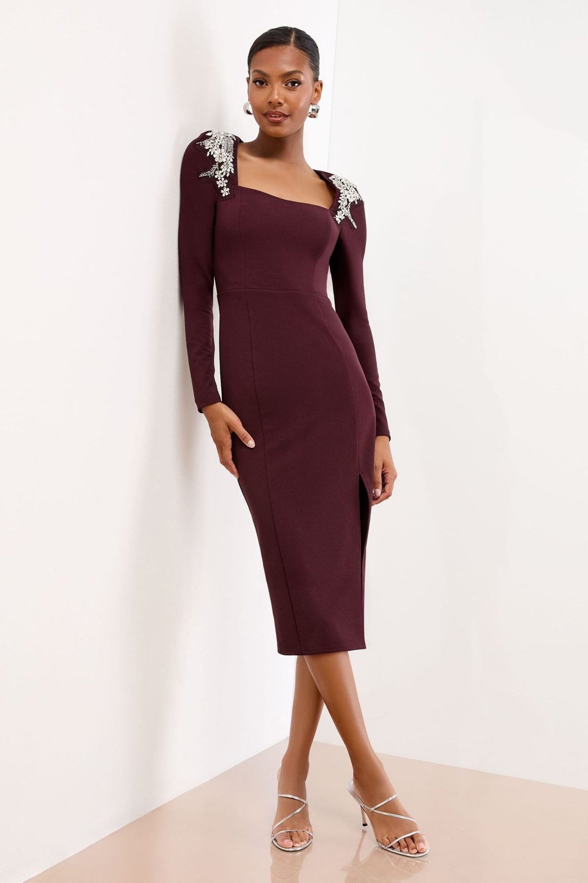 Lipsy London Lipsy Wine Embellished Shoulder Trim Long Sleeve Bodycon Midi Dress