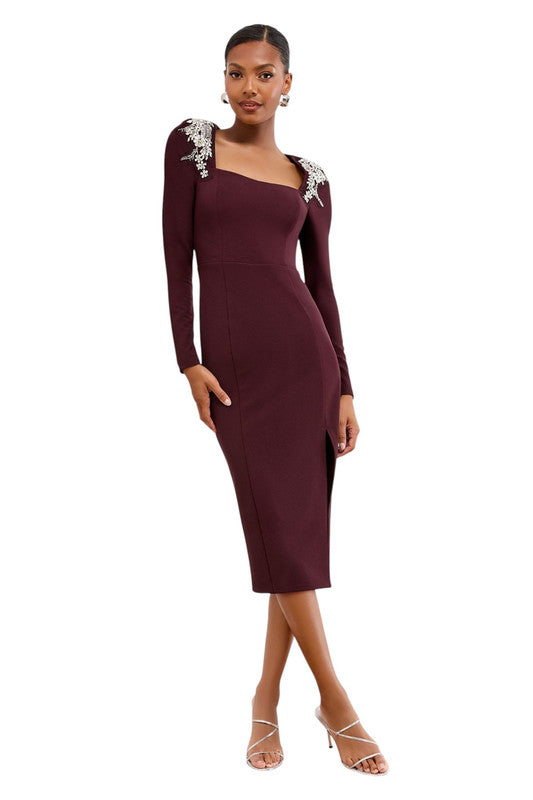 Lipsy London Lipsy Wine Embellished Shoulder Trim Long Sleeve Bodycon Midi Dress