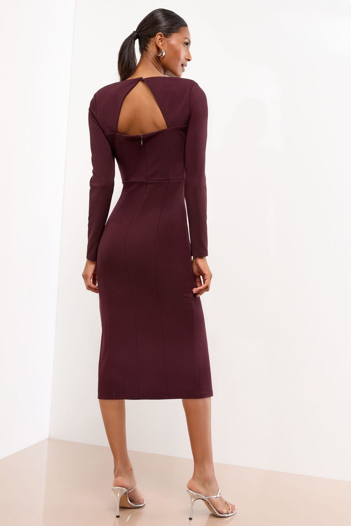 Lipsy London Lipsy Wine Embellished Shoulder Trim Long Sleeve Bodycon Midi Dress
