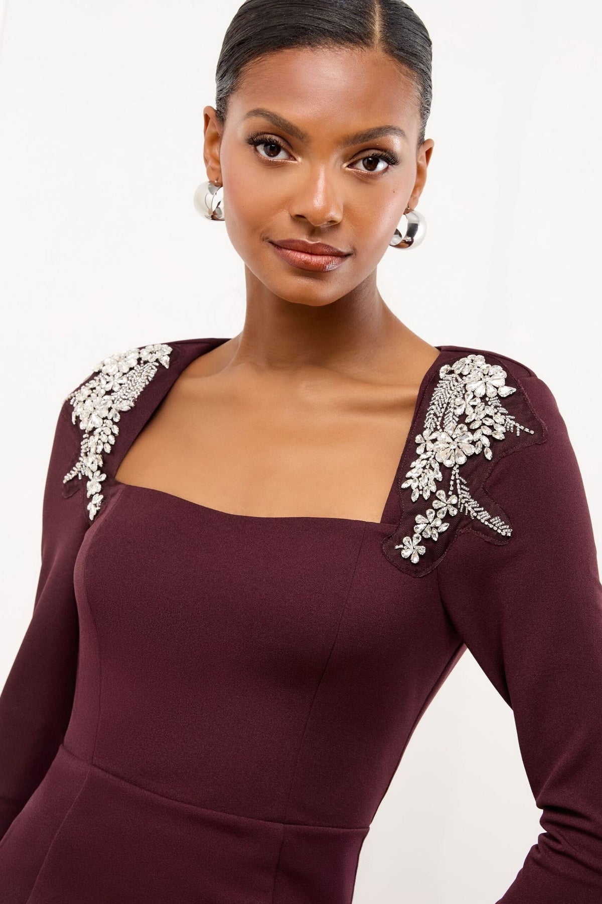 Lipsy London Lipsy Wine Embellished Shoulder Trim Long Sleeve Bodycon Midi Dress