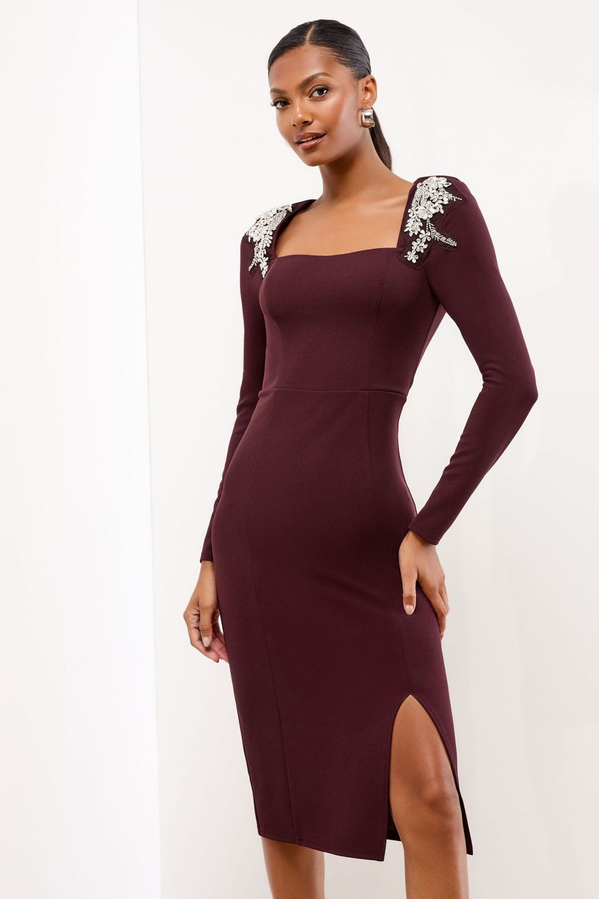 Lipsy London Lipsy Wine Embellished Shoulder Trim Long Sleeve Bodycon Midi Dress