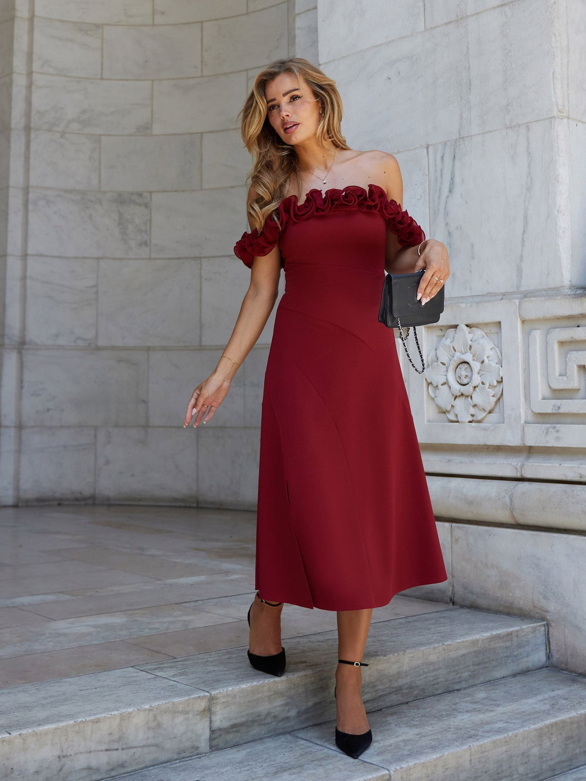 Lipsy Burgundy Red Ruffle Bardot Fit And Flare Midi Dress