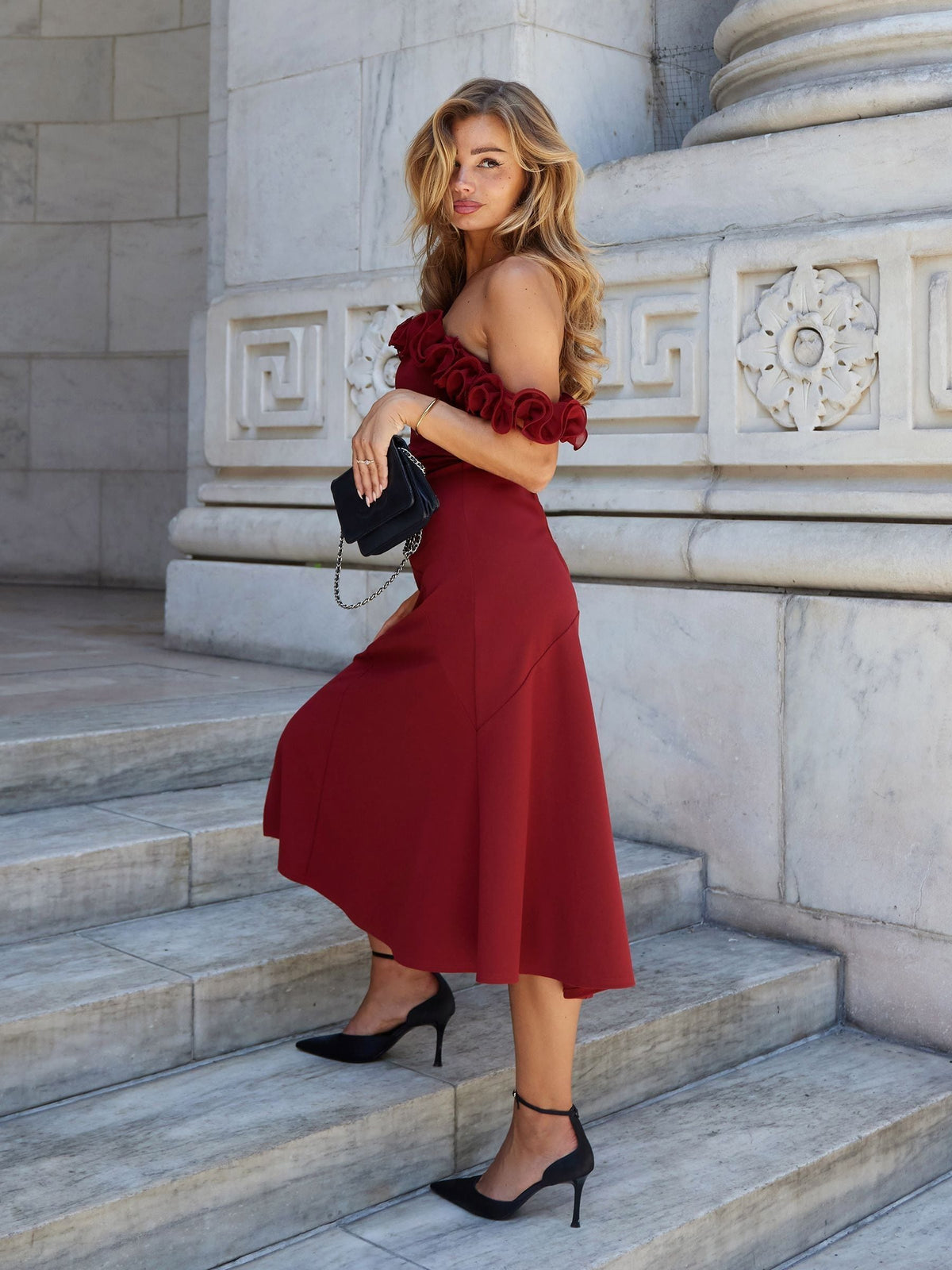 Lipsy Burgundy Red Ruffle Bardot Fit And Flare Midi Dress