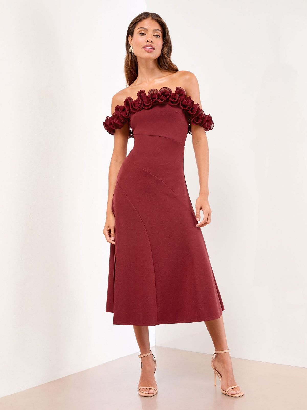 Lipsy Burgundy Red Ruffle Bardot Fit And Flare Midi Dress