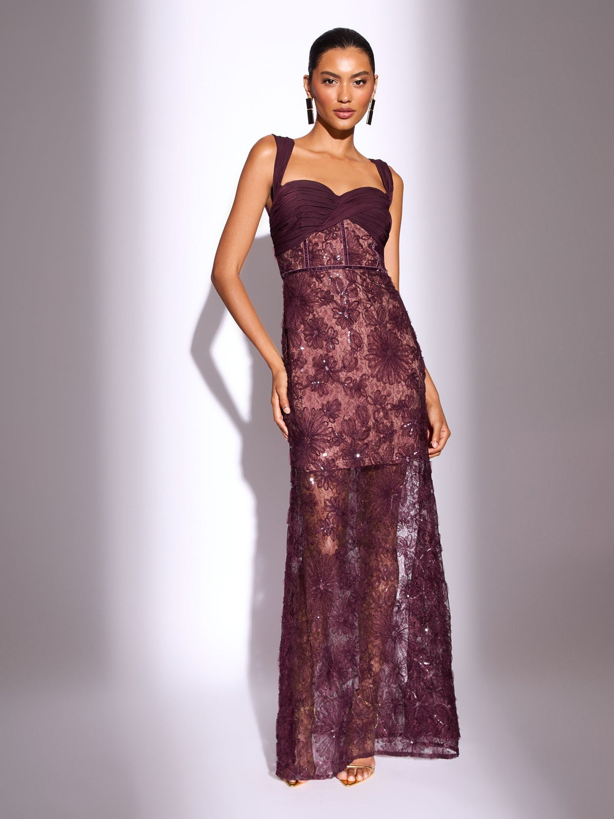 Lipsy Burgundy/Ecru Premium Sequin Embellished Lace Bardot Maxi Dress