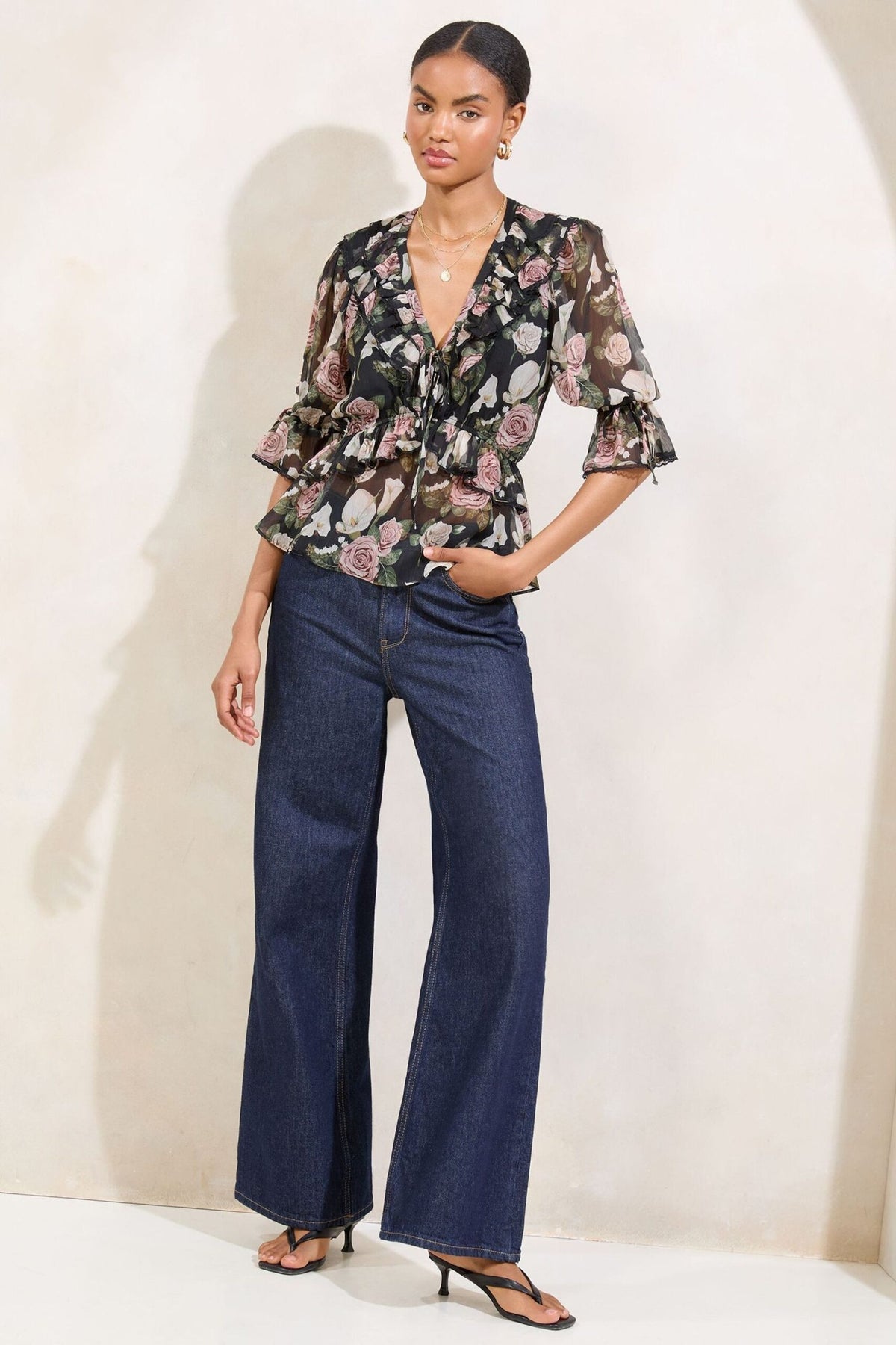 Lipsy London Lipsy Black Floral Printed Peplum 3/4 Sleeve Blouse
