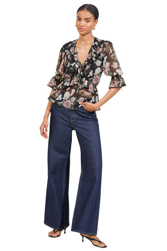 Lipsy London Lipsy Black Floral Printed Peplum 3/4 Sleeve Blouse