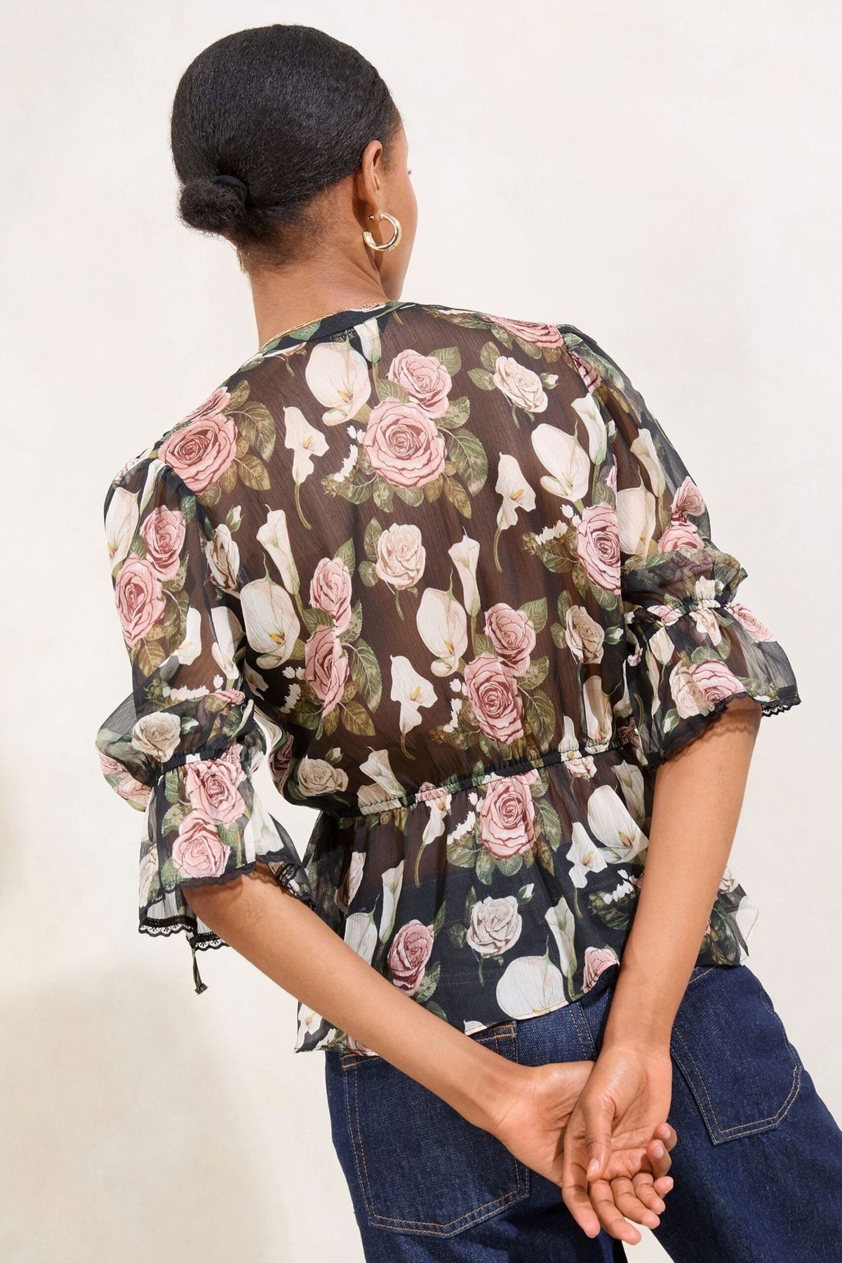 Lipsy London Lipsy Black Floral Printed Peplum 3/4 Sleeve Blouse