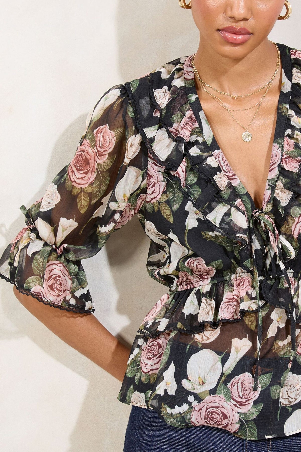 Lipsy London Lipsy Black Floral Printed Peplum 3/4 Sleeve Blouse