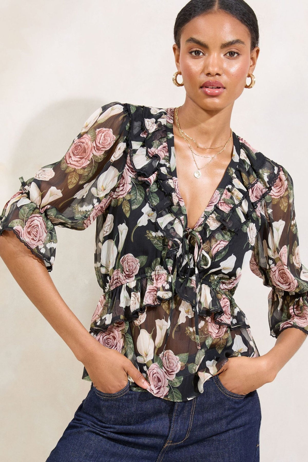 Lipsy London Lipsy Black Floral Printed Peplum 3/4 Sleeve Blouse