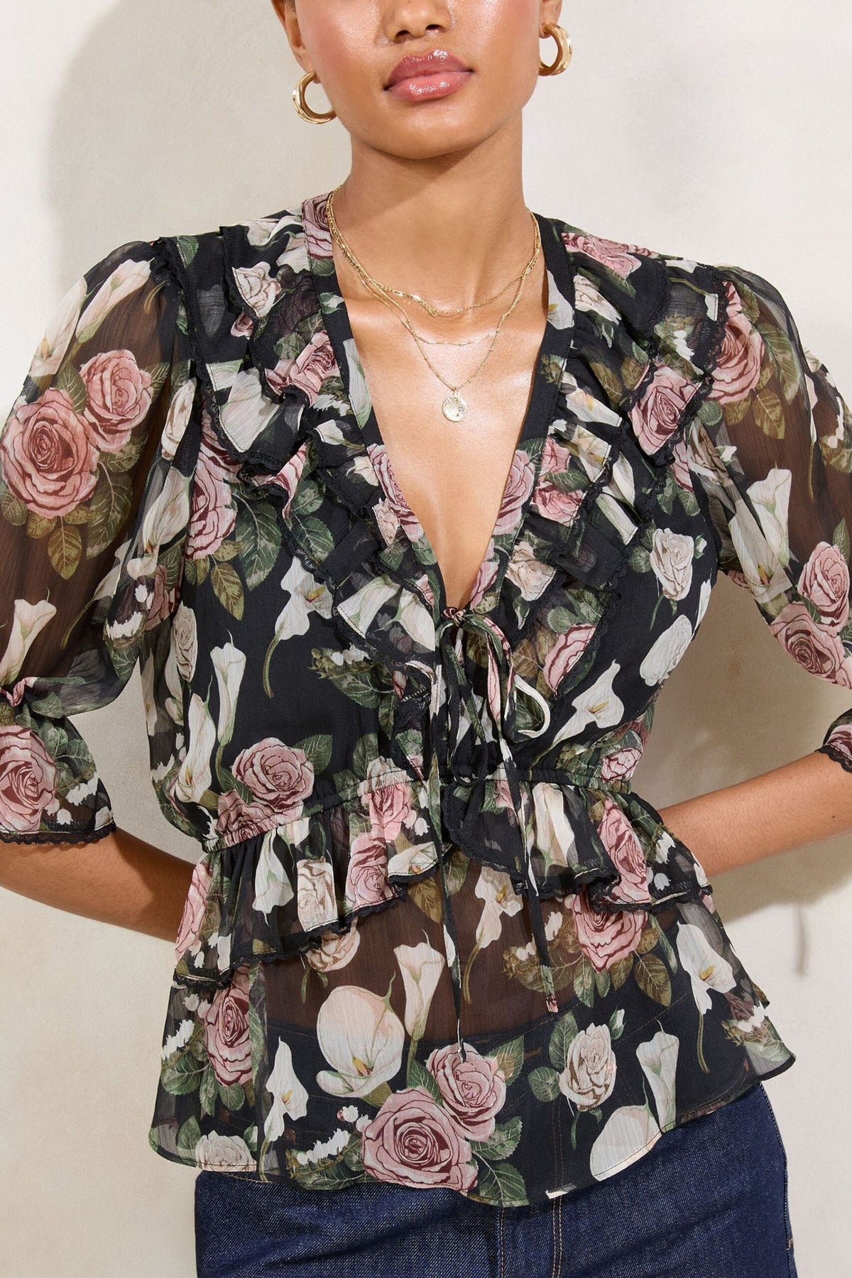 Lipsy London Lipsy Black Floral Printed Peplum 3/4 Sleeve Blouse