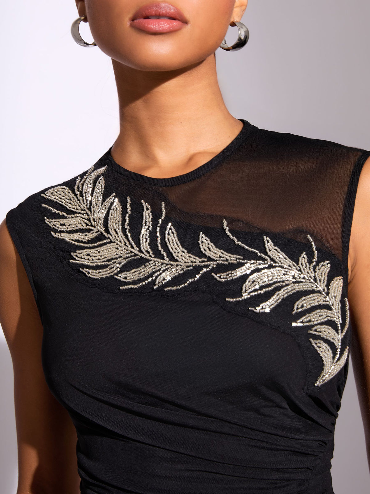 Lipsy London Lipsy Black Embellished Mesh Sequin Feather Shell Top