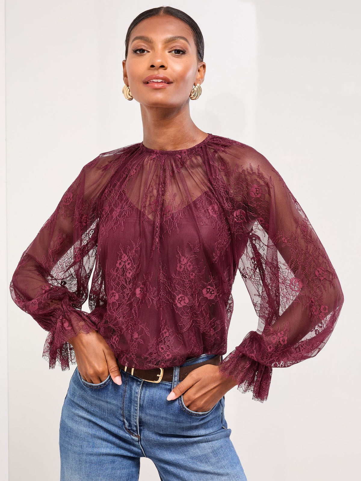 Lipsy Burgundy Red Lace Flared Cuff Blouse
