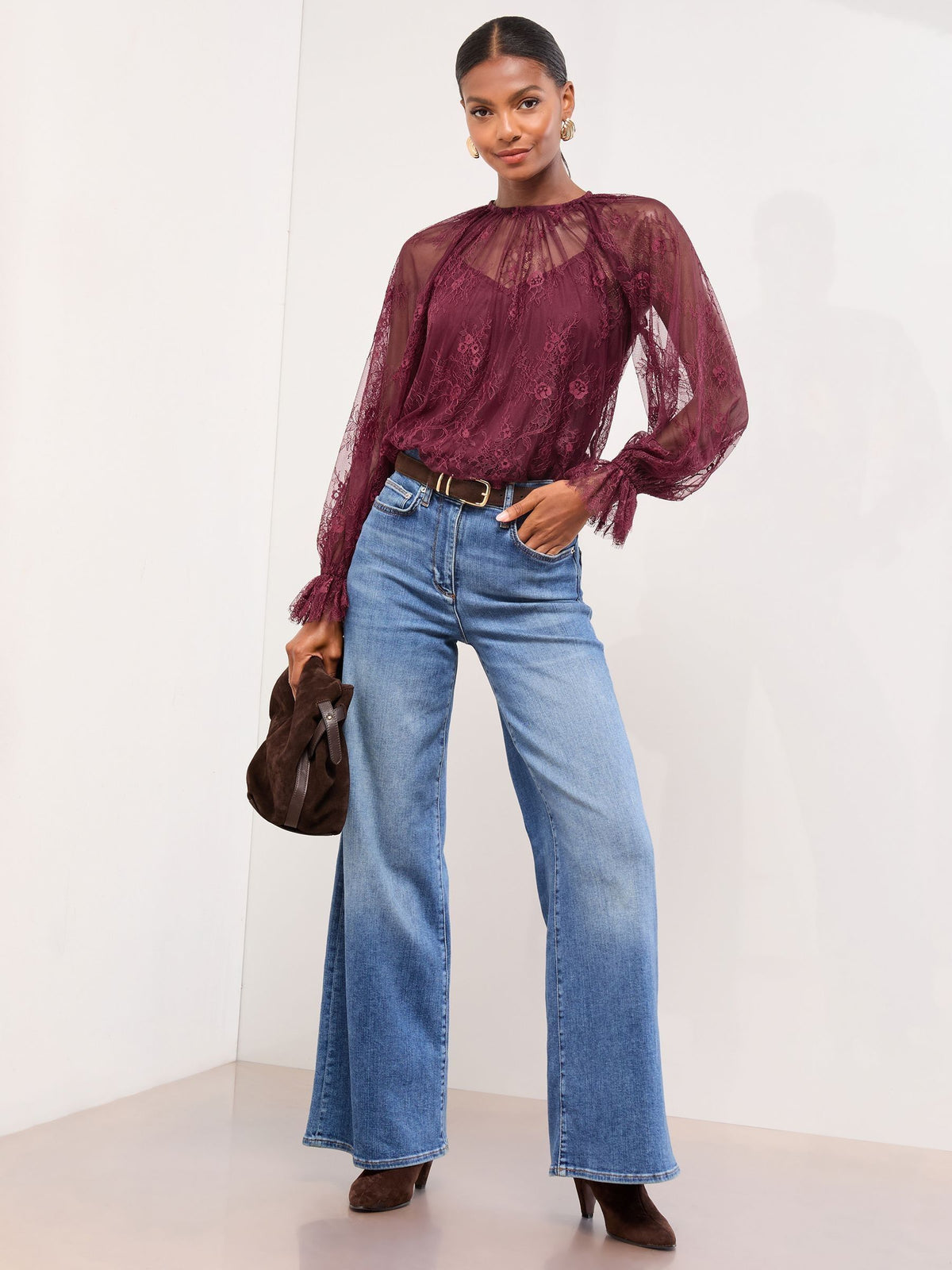 Lipsy Burgundy Red Lace Flared Cuff Blouse