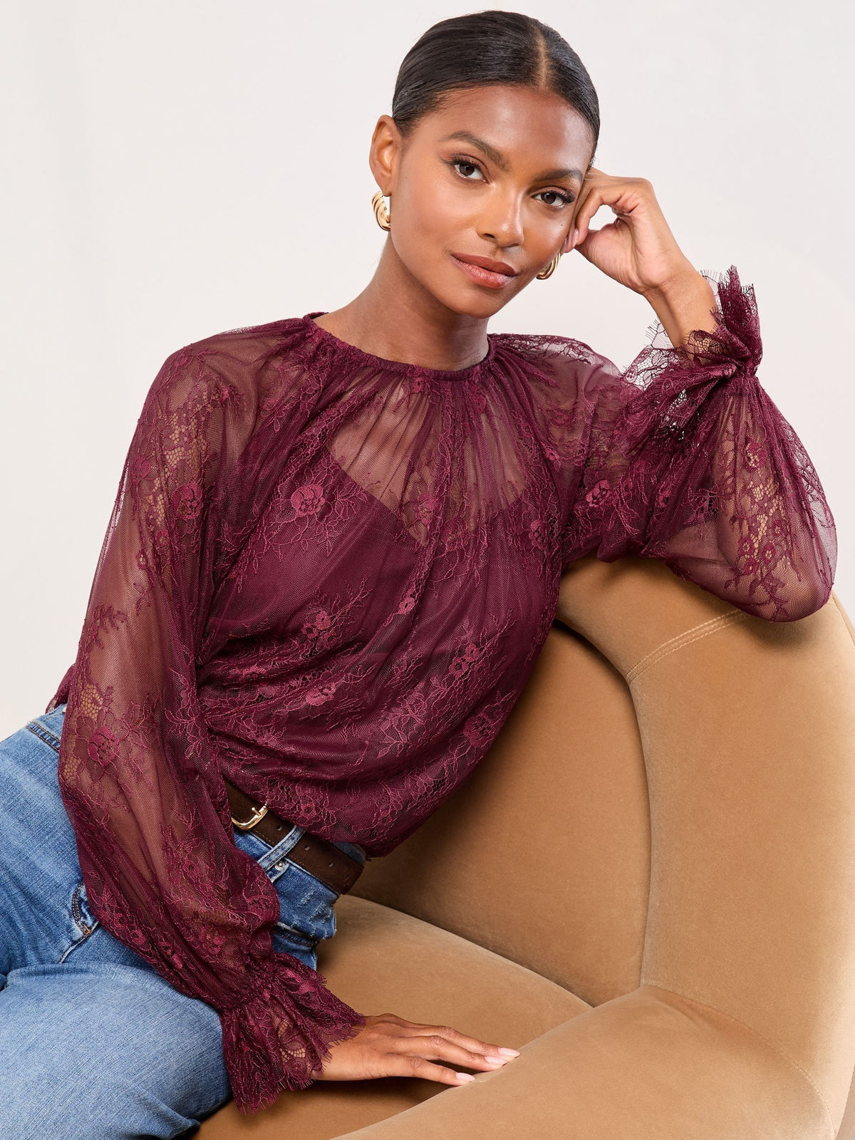 Lipsy Burgundy Red Lace Flared Cuff Blouse