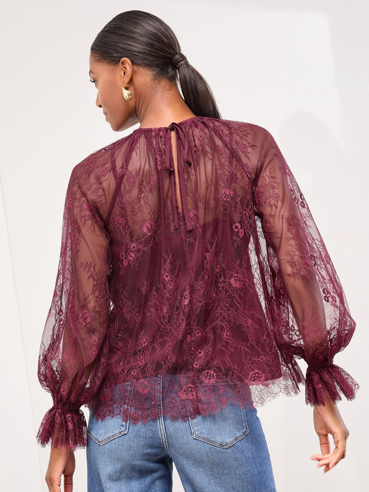 Lipsy Burgundy Red Lace Flared Cuff Blouse