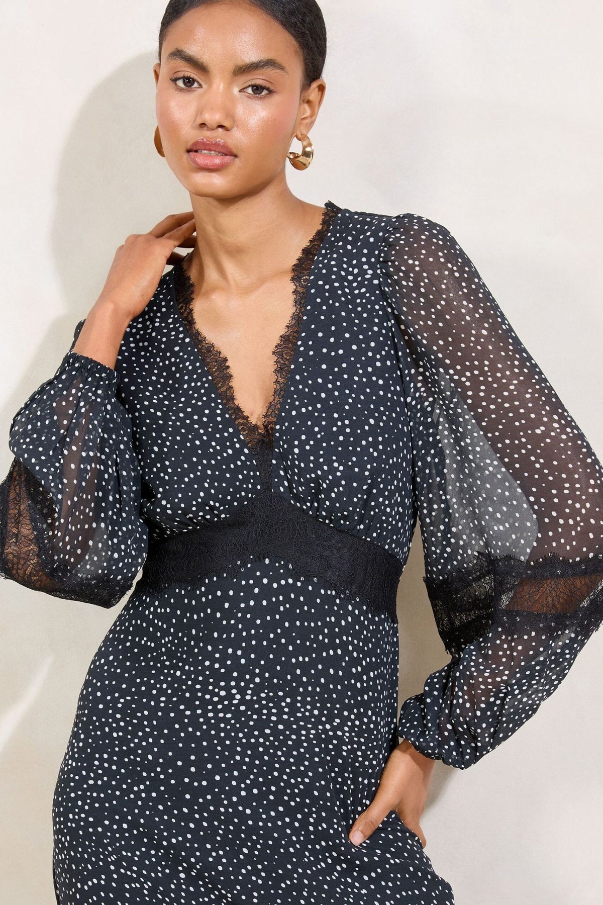 Lipsy London Lipsy Black Polka Dot Spot Lace Insert V-Neck Midaxi Dress