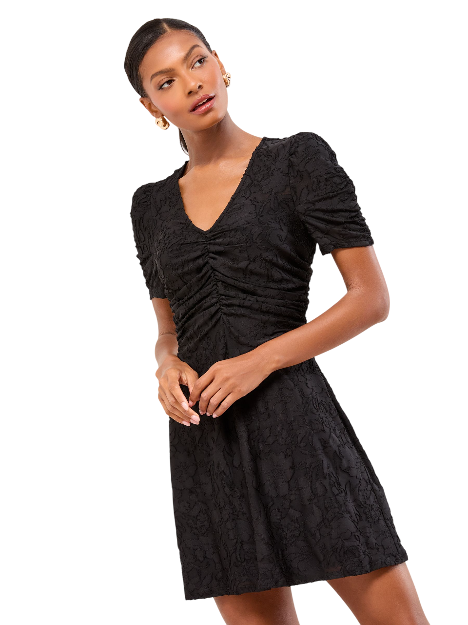 Lipsy London Lipsy Black Textured Burnout Black Jersey Textured Burnout Mini V-Neck Ruched Dress
