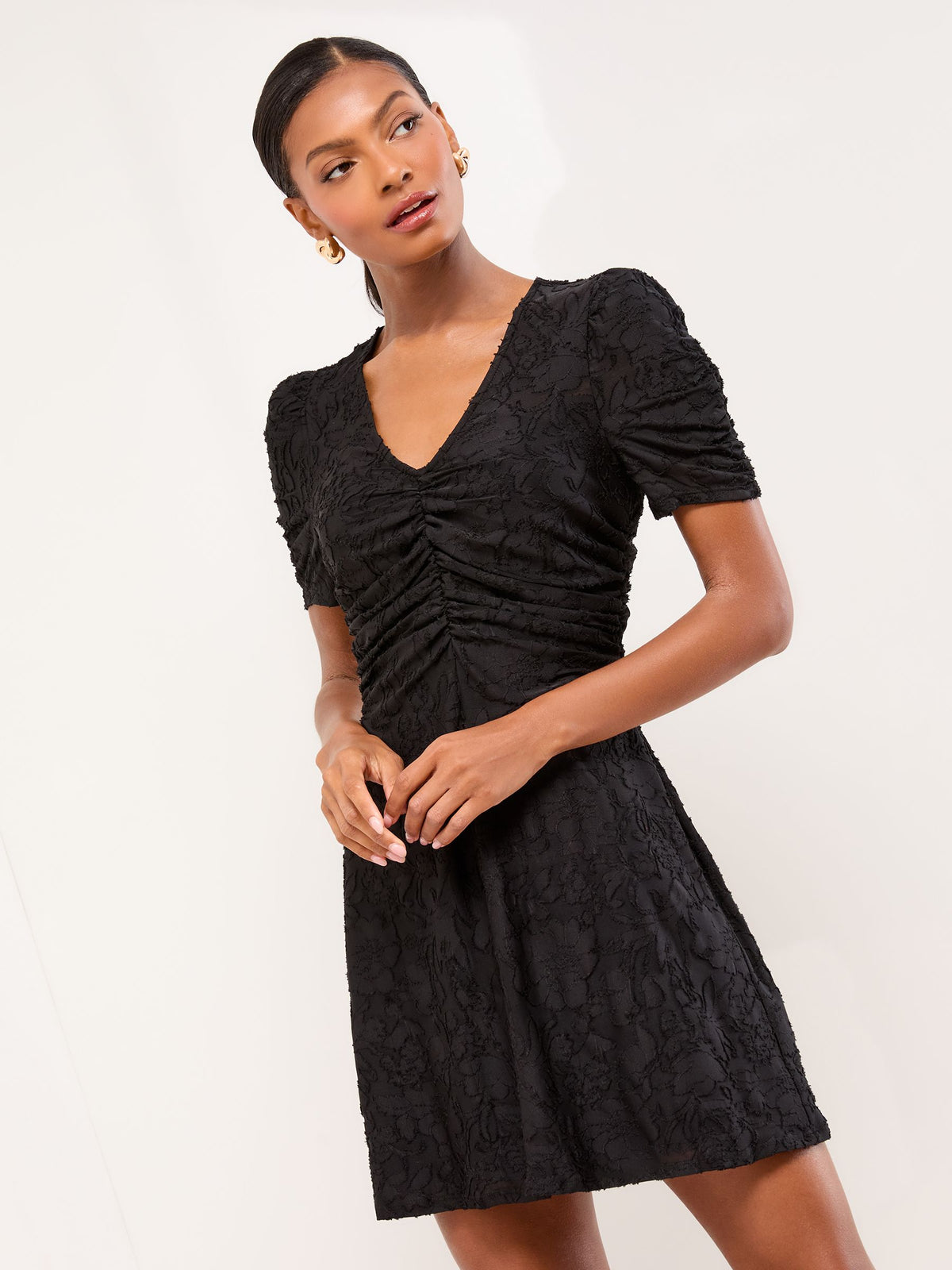 Lipsy London Lipsy Black Textured Burnout Black Jersey Textured Burnout Mini V-Neck Ruched Dress