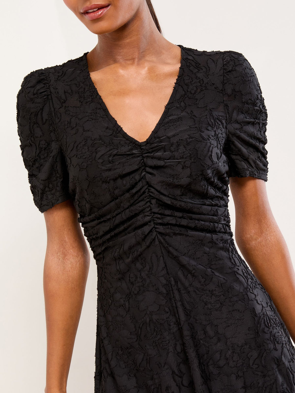 Lipsy London Lipsy Black Textured Burnout Black Jersey Textured Burnout Mini V-Neck Ruched Dress