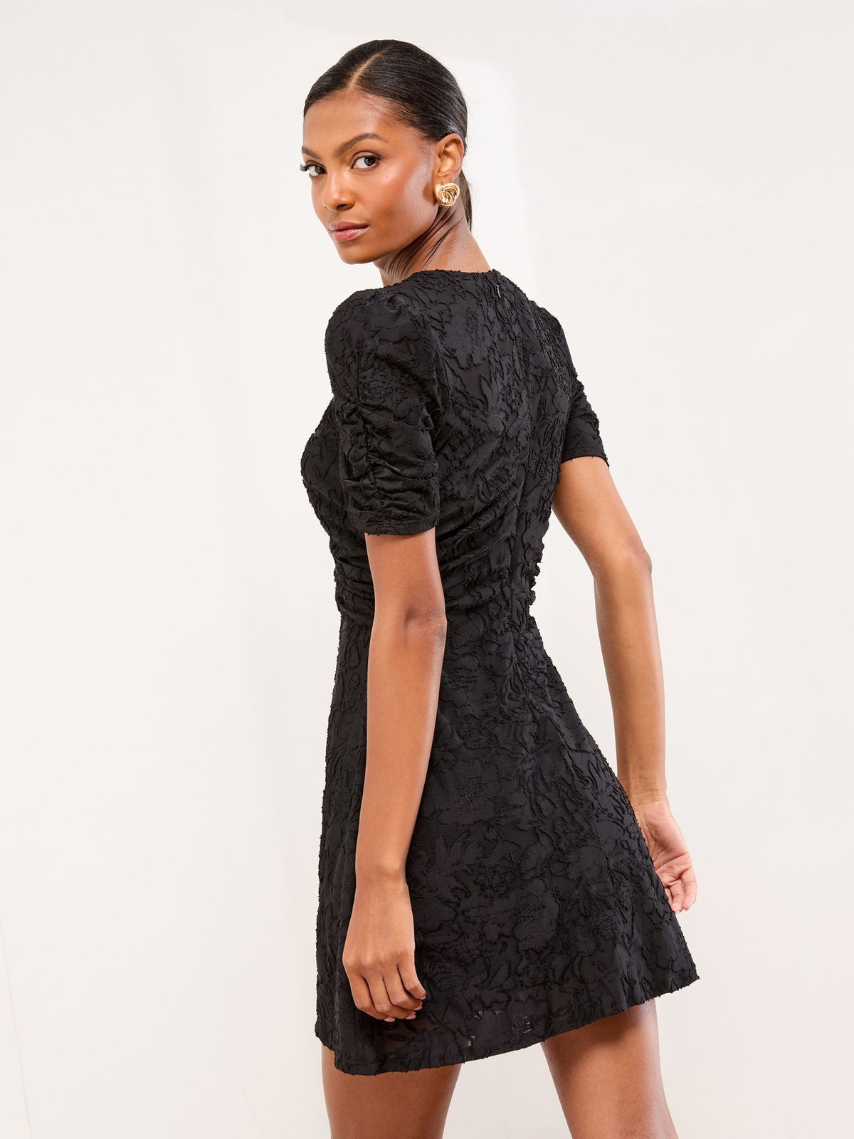 Lipsy London Lipsy Black Textured Burnout Black Jersey Textured Burnout Mini V-Neck Ruched Dress