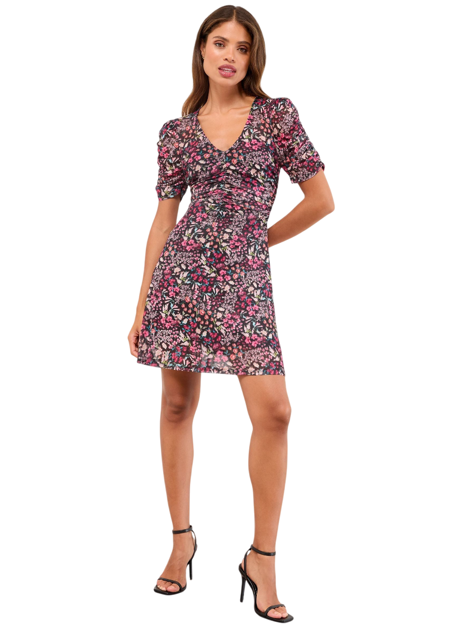 Lipsy London Lipsy Pink Floral Print Black Jersey Textured Burnout Mini V-Neck Ruched Dress