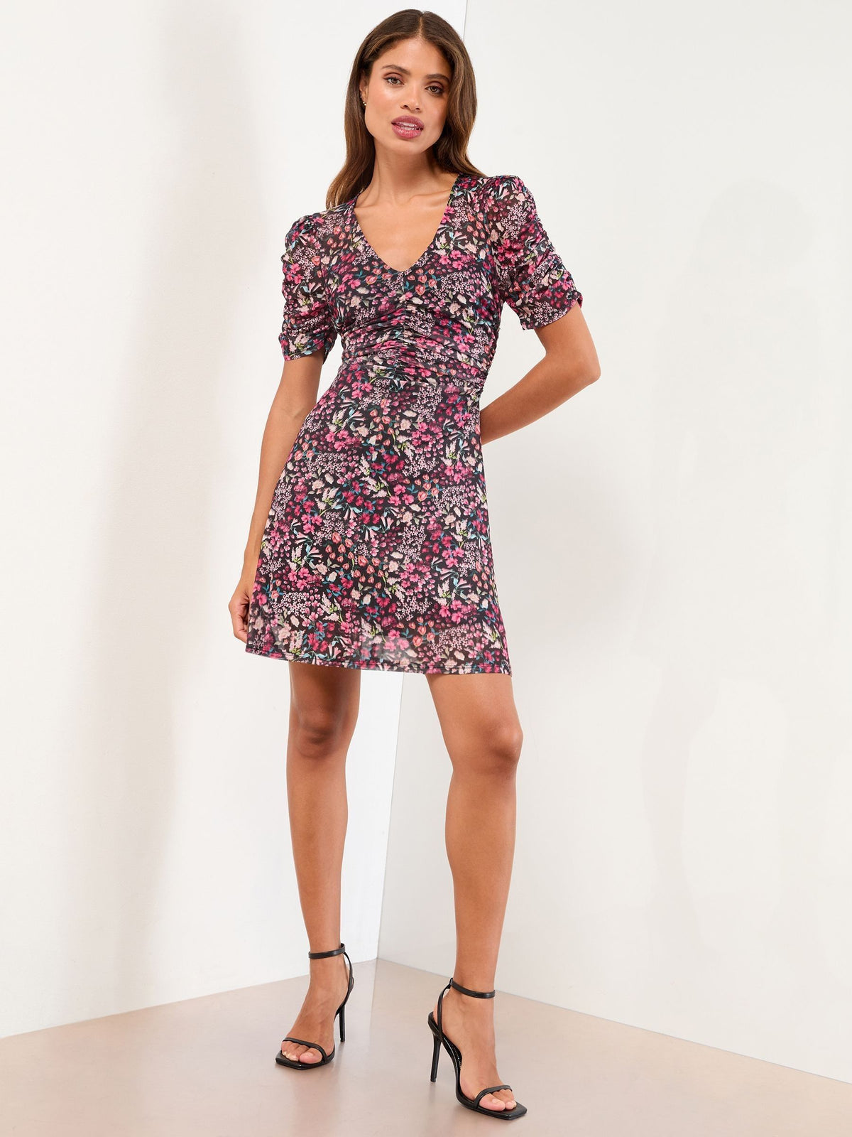 Lipsy London Lipsy Pink Floral Print Black Jersey Textured Burnout Mini V-Neck Ruched Dress
