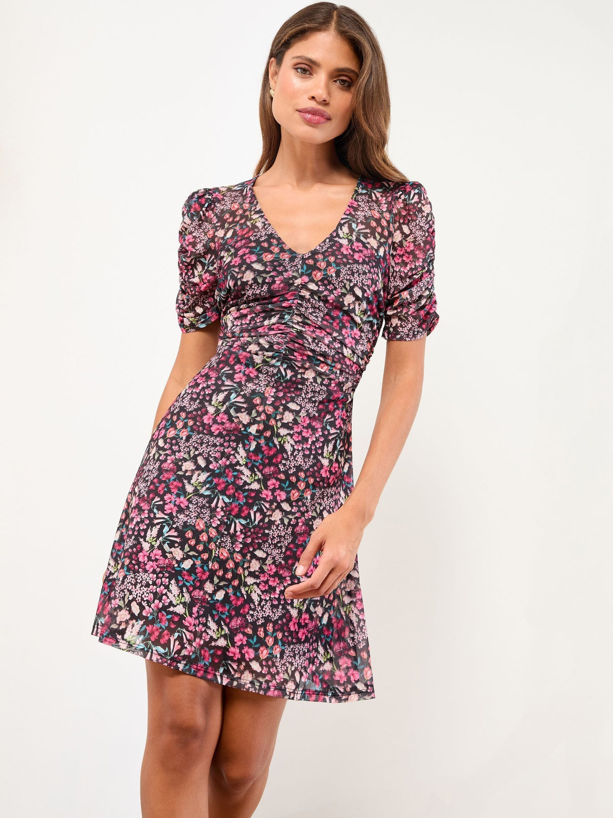 Lipsy London Lipsy Pink Floral Print Black Jersey Textured Burnout Mini V-Neck Ruched Dress