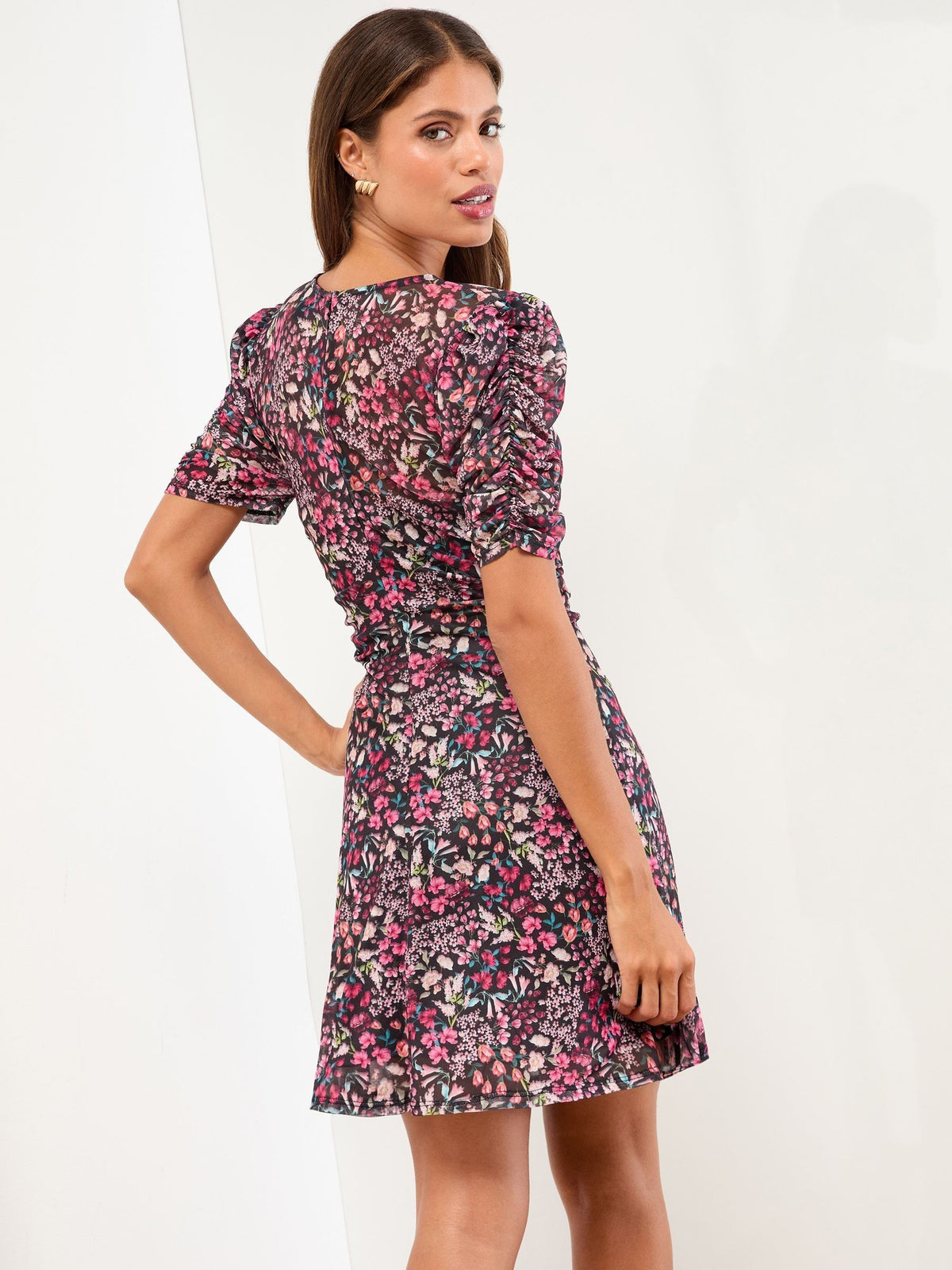 Lipsy London Lipsy Pink Floral Print Black Jersey Textured Burnout Mini V-Neck Ruched Dress